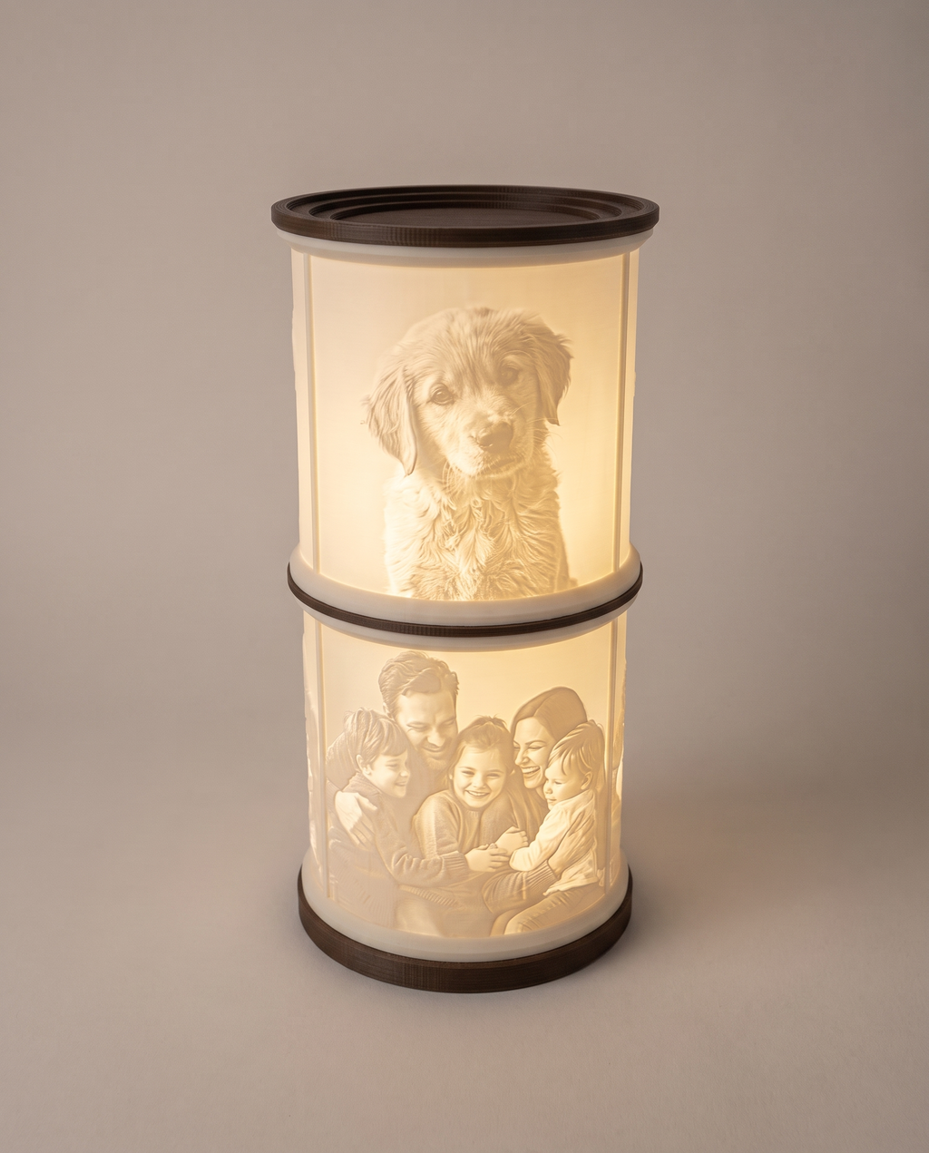 Lithophanie-Lampe Doppelt – Clean-Studio Hero, oben Hund, unten Familie