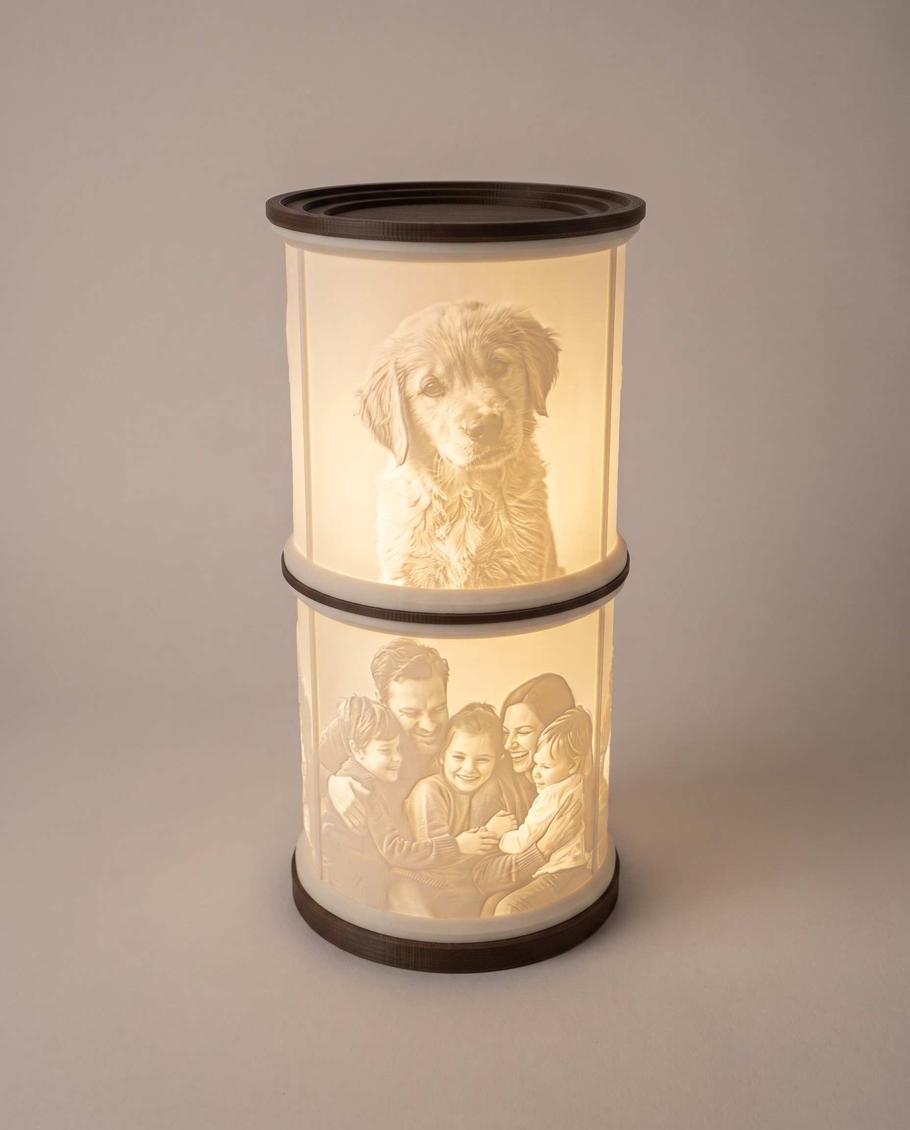 Lithophanie-Lampe Doppelt – Clean-Studio Hero, oben Hund, unten Familie