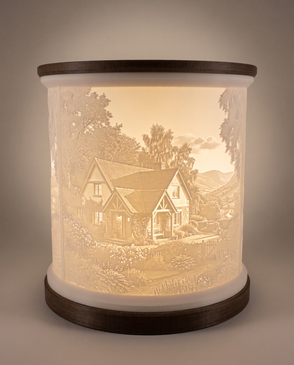 Lithophanie-Lampe Einzeln – Frontansicht mit Hausmotiv