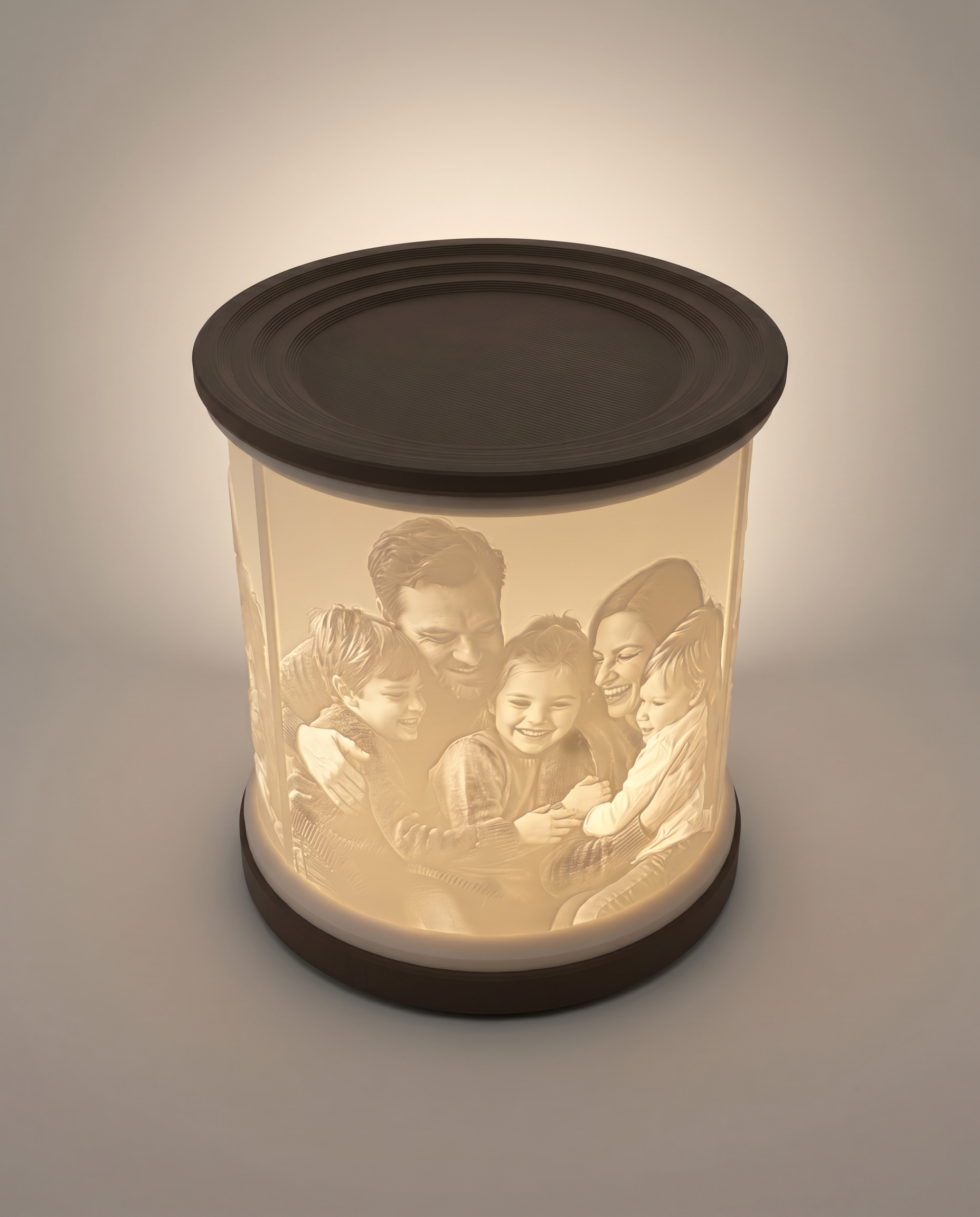 Lithophanie-Lampe Einzeln – Deckelansicht von oben mit Familienmotiv